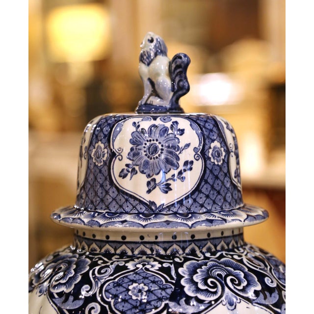 Mid 20th Century Pair of Blue and White Faience Royal Sphinx Delft Ginger Jars With Foo Dog Lids For Sale - Image 5 of 12