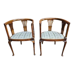 Early 20th C. Edwardian Satinwood Inlaid Mahogany Barrel-Back Upholstered Club Armchairs, Pair