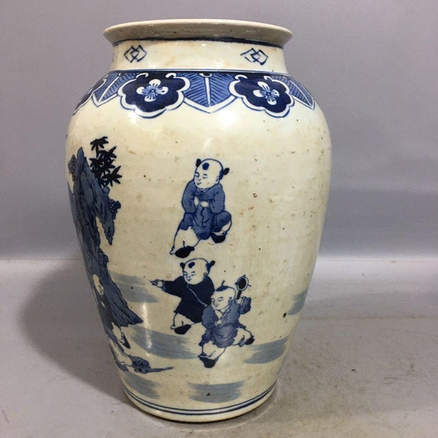Late 20th Century Blue and White Fu Lu Shou Immortals Porcelain Storage Jar, Chinoiserie Decor Vessel For Sale - Image 5 of 8