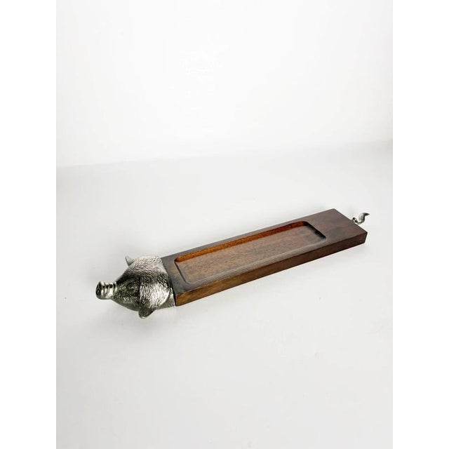 Charming French wood and metal charcuterie serving board dating from the 1990s, featuring a distinctive wild boar head and...