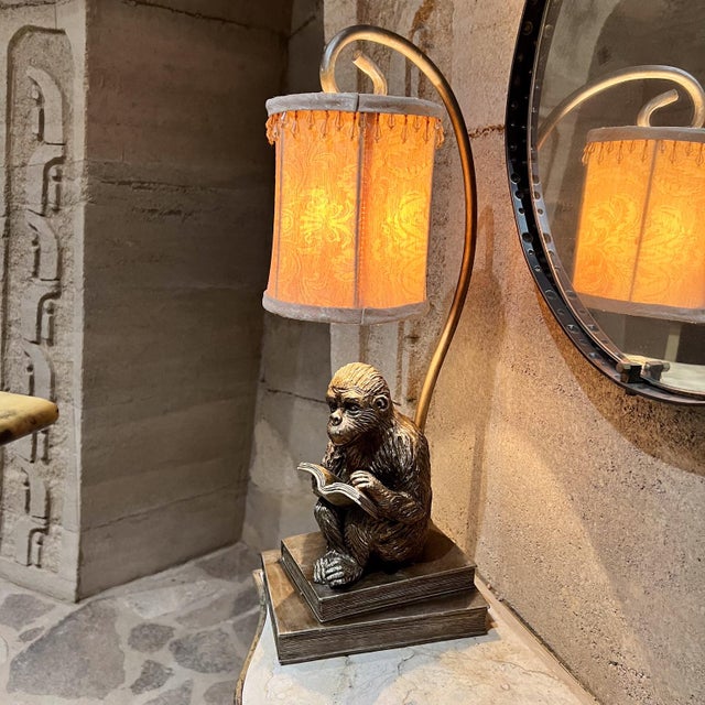 1950s Faux Bronze Table Lamp Chimp Monkey Reading Book | Chairish