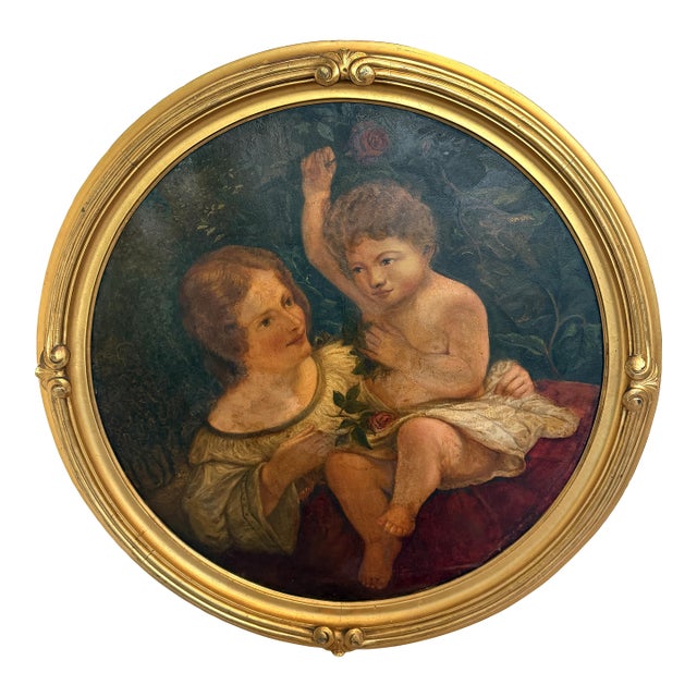 Antique 19th C. Mother & Child Oil Painting in Gilt Frame Victorian Continental For Sale