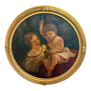 Antique 19th C. Mother & Child Oil Painting in Gilt Frame Victorian Continental