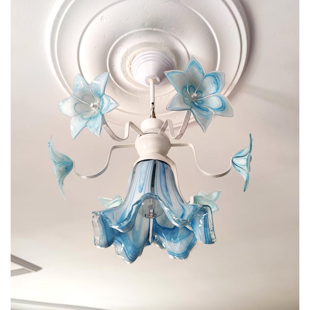 Vintage Murano Style Glass Chandelier, 1980s Blue Floral Lamp, Small Italian Ceiling Light For Sale - Image 6 of 13