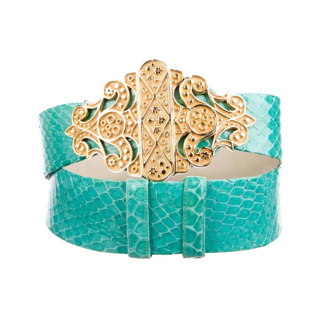 Art Deco 1990s Judith Leiber Belt Snakeskin Turquoise Blue Green Gold Plated Buckle Art Deco Adjustable Vintage For Sale - Image 3 of 11
