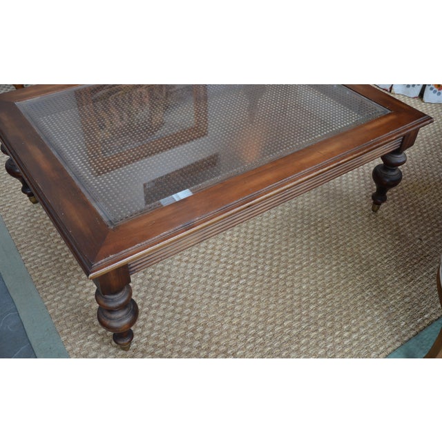 Ethan Allen Caned Coffee Table With Glass Top & Brass Casters Chairish