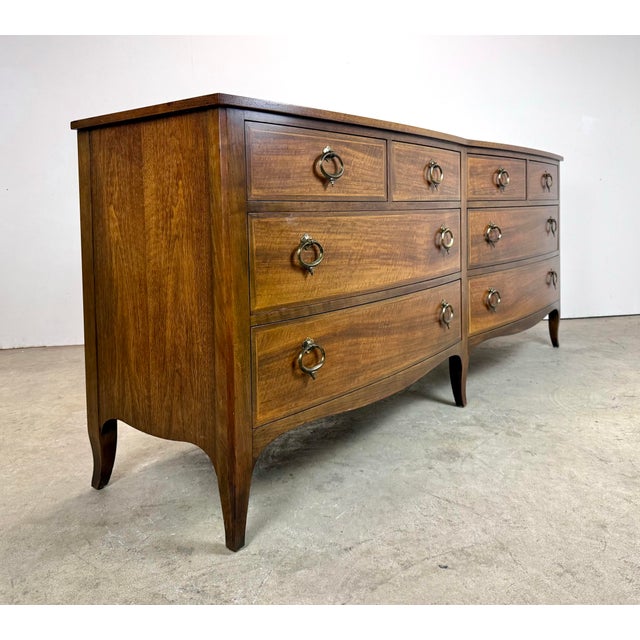 Mid 20th Century Baker Furniture Walnut /Satinwood Bow Front Long Dresser Chest of Drawers For Sale - Image 11 of 12
