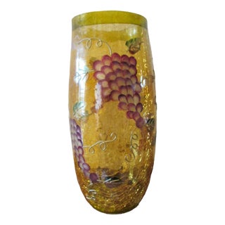 Yellow Glass Vase with Cracked Paint & Grape Motif, 1950s For Sale