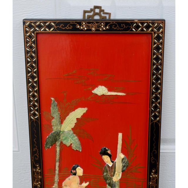 Vintage (1970's) Chinese Wall Plaque with Raised Stone Appliques' has an Asian Style. Made of Wood. The Measurements: 10"W...