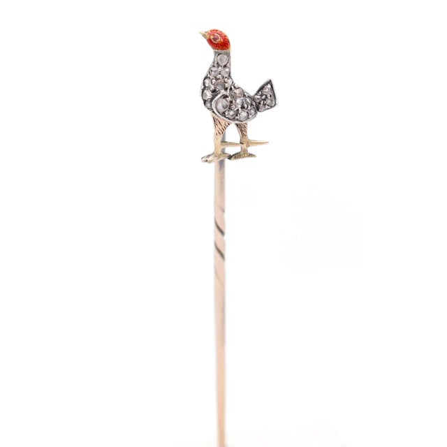 Metal Antique Victorian Gold, Rose Cut Diamond, and Enamel Pheasant Stickpin For Sale - Image 7 of 12