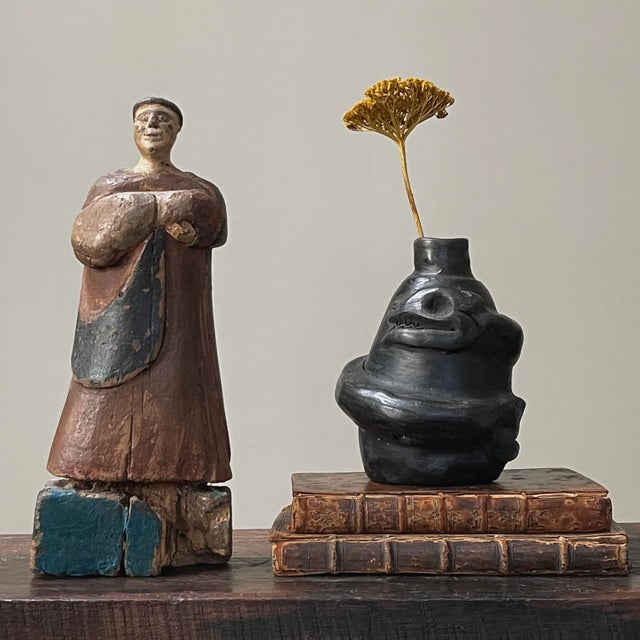 Antique Spanish Hand Carved Polychrome Santo Sculpture (19th Century). Carved wood saint on a plinth. Obvious signs of...