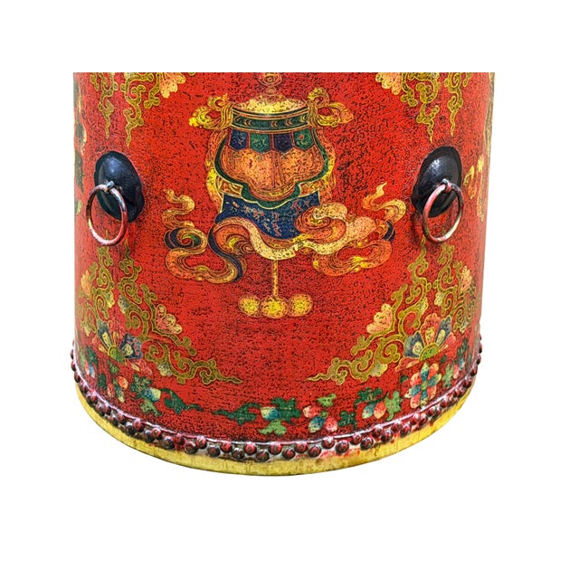 Oriental Tibetan Style Red Auspicious Flower Motifs Drum Table For Sale - Image 10 of 10