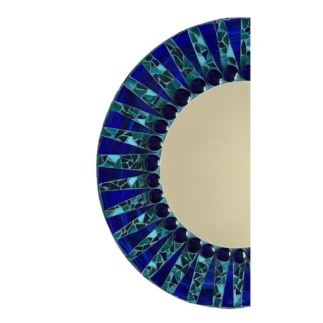 Round Mosaic Wall Mirror Inlaid With Ceramic and Glass Blue and Green Tile. 24 Inches. For Sale - Image 4 of 8