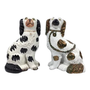 English Victorian Staffordshire Disraeli Black and Copper Lustre Spaniels - a Pair