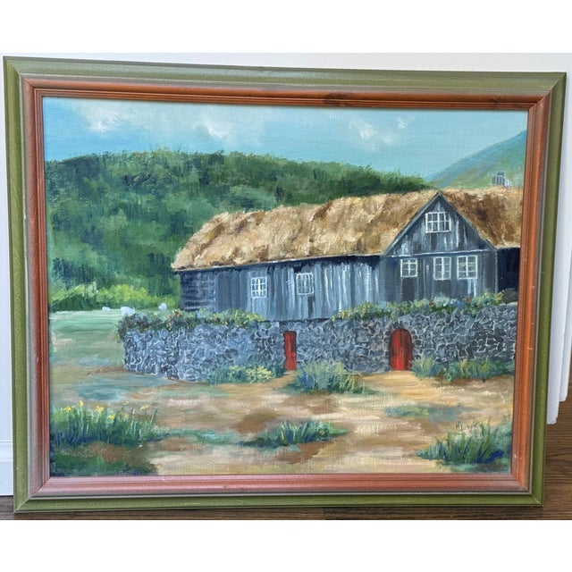 Here is a one-of-a-kind estate sourced vintage 1960's studio art oil painting of a characteristic black wooden house with...