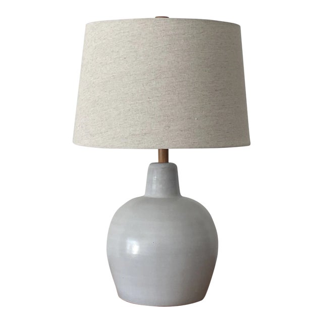 1960s Martz Large Round Ceramic and Walnut Lamp by Jane and Gordon Martz For Sale