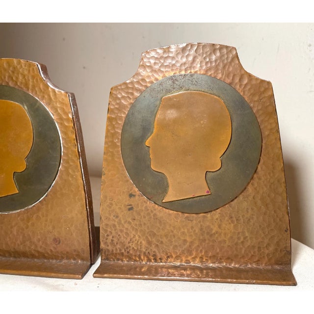 Antique Pair Hammered Arts & Crafts Cameo Copper Brass Wood Sculpture Bookends For Sale In New York - Image 6 of 7