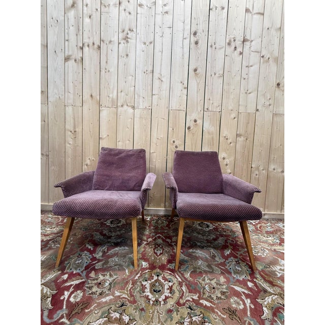 Wood Lounge Chairs in Oak and Velvet, 1950s, Set of 2 For Sale - Image 7 of 7