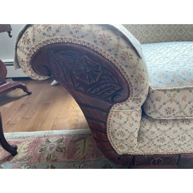 Vintage Duncan Phyfe-Style Victorian Camelback Sofa With Floral Carvings and Carolyn Fabrics Reupholstery For Sale - Image 9 of 12