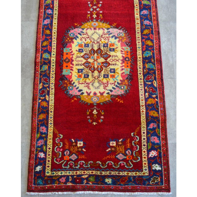 1950s Hand-Knotted Turkish Runner Rug Bold Colors Tribal Hallway Decor Lady Bug Pattern Unused - 3'4" X 13' For Sale - Image 13 of 17