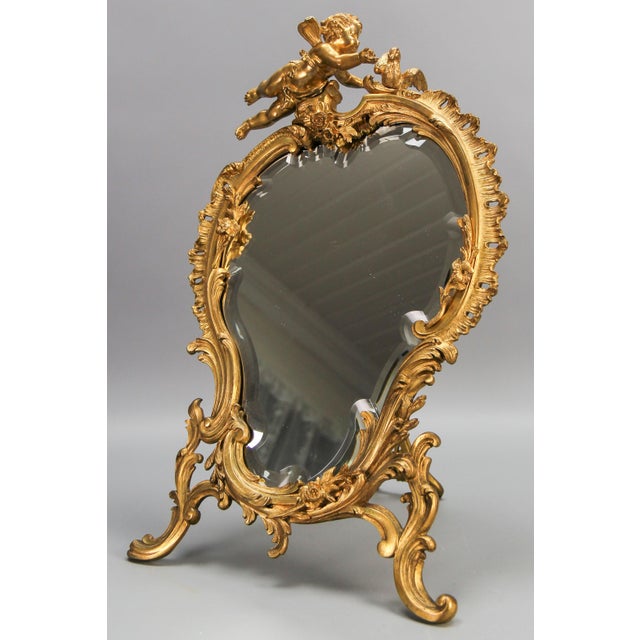 Rococo French Gilt Bronze Desktop Mirror with Cherub and Bird, 1890s For Sale - Image 9 of 18