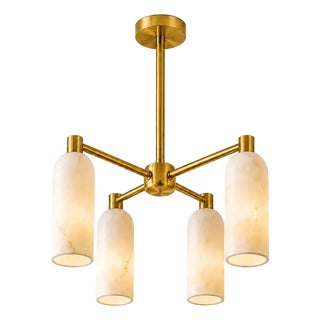 Handcrafted Brass 4-Light Chandelier With Natural Alabaster Shades, Luxury Dining Room Pendant Light For Sale