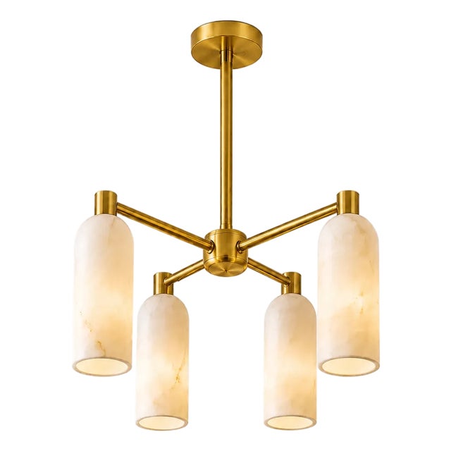 Handcrafted Brass 4-Light Chandelier With Natural Alabaster Shades, Luxury Dining Room Pendant Light For Sale