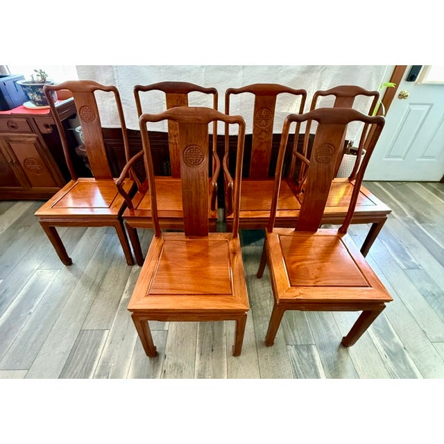 1970s Chinese Soild Rosewood Chinese Longevity Oval Dining Set 7 Piece For Sale - Image 12 of 18