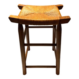 Asian Style Midcentury Oak Stool Wrap-Around Rush Seat For Sale