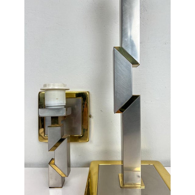 Hollywood Regency Skyscraper Brass and Chrome Table Lamp & Wall Lamp, 1970s, Set of 2 For Sale - Image 3 of 16