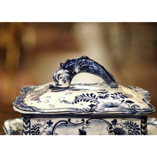 Early 20th Century Royal Bonn Delft Faience Sardine Dish With Dolphin Handle For Sale - Image 4 of 13