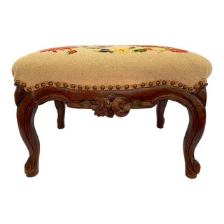 Late 20th Century Antique Hand Stitched and Hand Carved Needlepoint Footstool For Sale