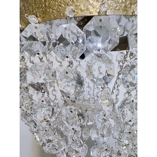 Vintage Hollywood Regency Textured Florentine Brass Tiered Crystal Basket Chandelier For Sale - Image 4 of 9