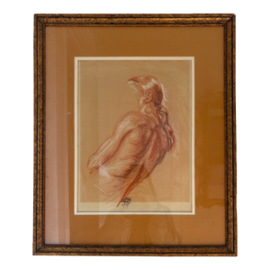 1970s Original Pastel Figure Drawing Double Matted in Gold Frame
