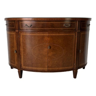 Vintage Regency Style Mahogany Burl Demilune Sideboard / Bar Cabinet For Sale