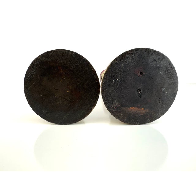 1970s Pair of Hand-Painted Red and Gold Wooden Candleholders With Brass Trim For Sale - Image 13 of 13