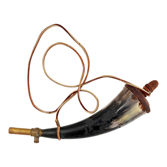 19th Century Powder Horn Flask With Brass Fittings and Leather Strap For Sale