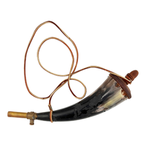 19th Century Powder Horn Flask With Brass Fittings and Leather Strap