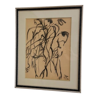Vintage Allen Kay Framed Charcoal Drawing, Usa For Sale