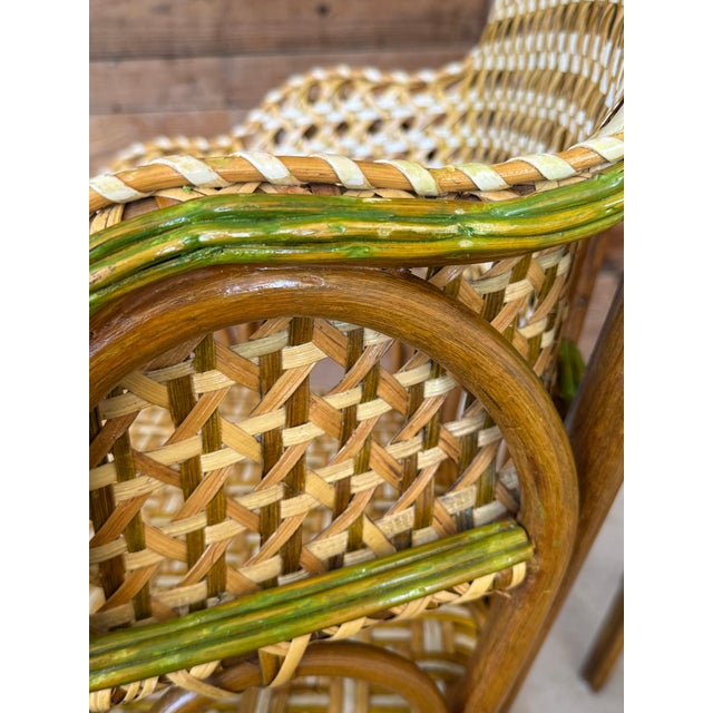 Mid 20th Century Vintage French-Style Rattan Bistro Side Arm Chairs With Handwoven Cane – Pair For Sale - Image 5 of 12