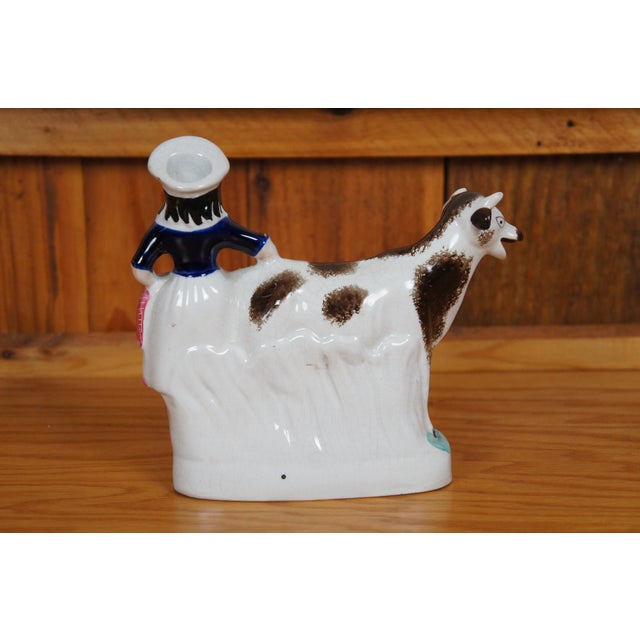 Antique 19th Century Staffordshire Porcelain Cow Milk Maid Spill Vase Creamer For Sale - Image 6 of 12