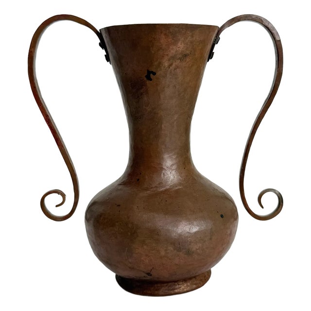 Antique Arts & Crafts Copper Vase With Scrolled Handles For Sale