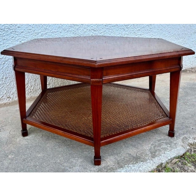 Wood Hexagonal Wooden Coffee Table With Woven Cane Lower Tier For Sale - Image 7 of 11
