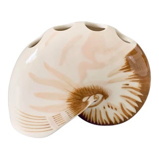 Vintage Coastal Decor Nautilus Shell Sculptural Ceramic Bud Vase For Sale
