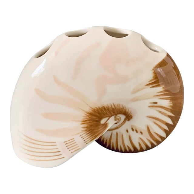 Vintage Nautilus Shell Sculptural Ceramic Bud Vase – Coastal Decor For Sale