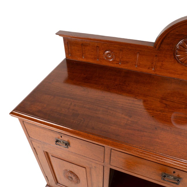 Wood Early 20th Century English Edwardian Oak Sideboard Buffet Server Carved Sunflower Motif Cabinet For Sale - Image 7 of 18