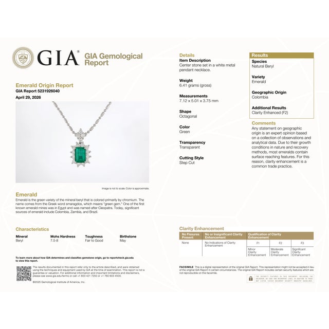 Gia Certified Platinum 900 Emerald & Diamond Pendant With Platinum 850 Chain For Sale - Image 13 of 13