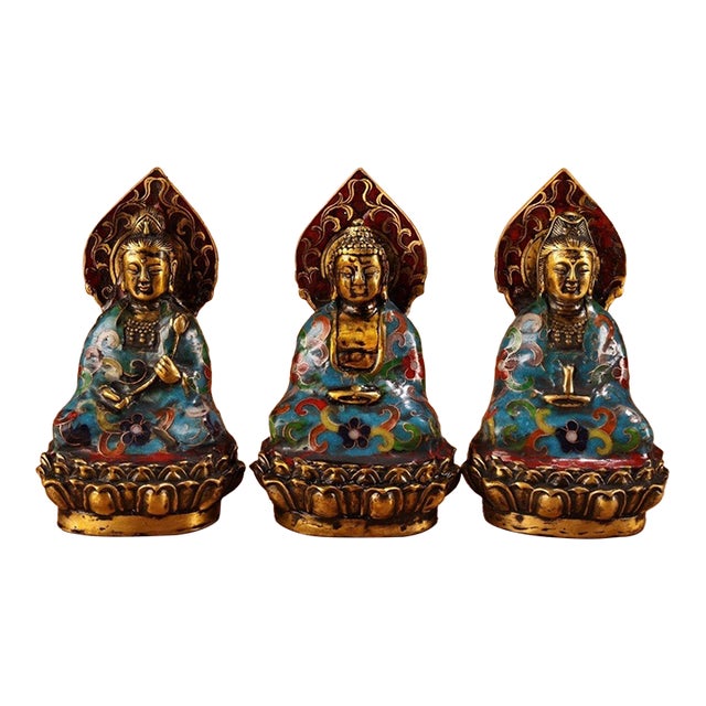 Mid 20th Century Set of 3 Cloisonne Enamel Buddha Figures – 7.1" Gilt Bronze Statues For Sale