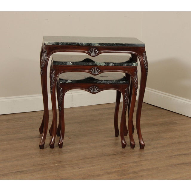 Rococo Rococo Style Set of Three Marble Top Mahogany Nesting Tables For Sale - Image 3 of 18