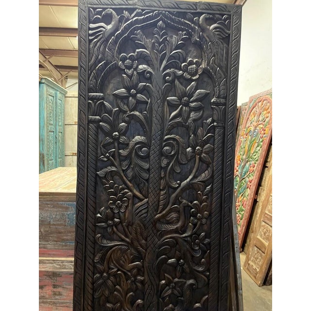 Mid-Century Modern Vintage Hand-Carved Tree of Life & Deer Wood Barn Door – Botanical Statement Panel84x36 For Sale - Image 3 of 5